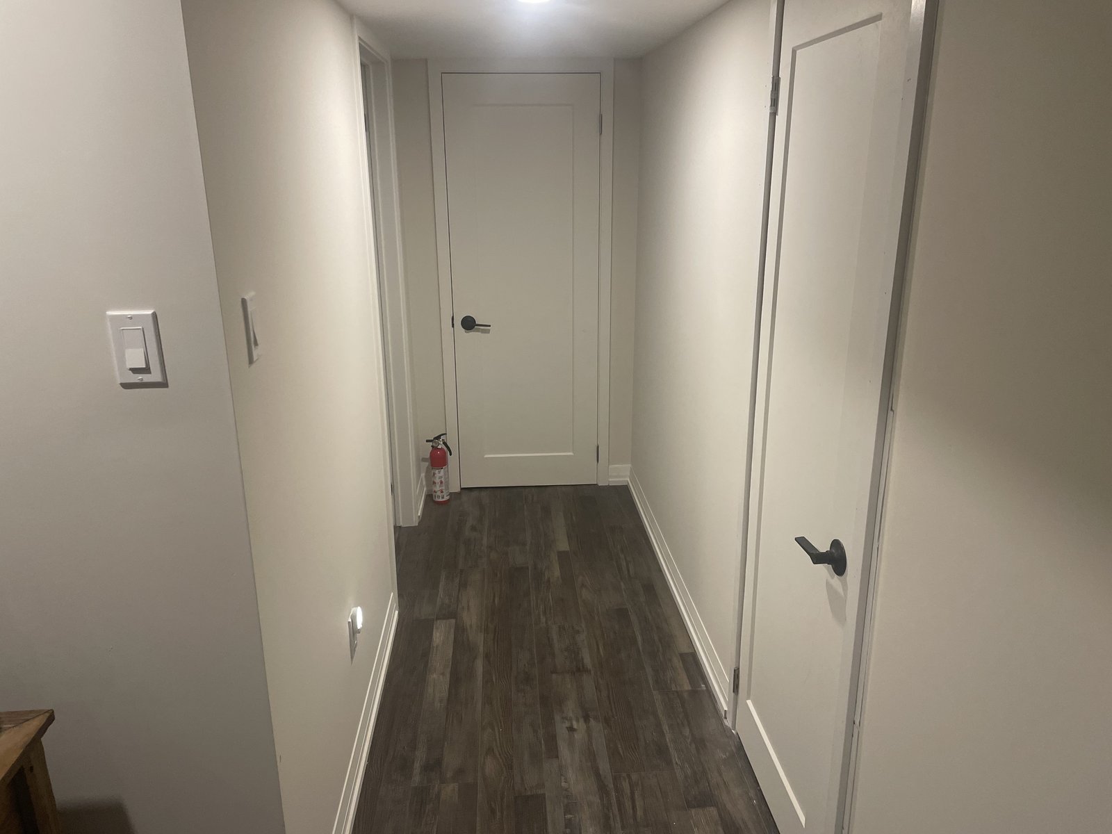 Basement hallway with new doors, trim and dark hardwood flooring
